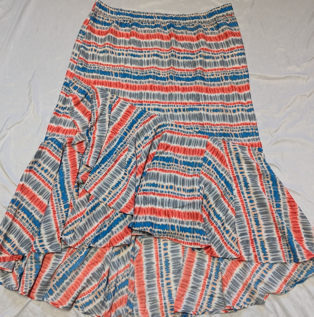 NWT Tolani Pull On High Low Ruffle Hem Boho Skirt With Pockets Grey Blue Red 2X